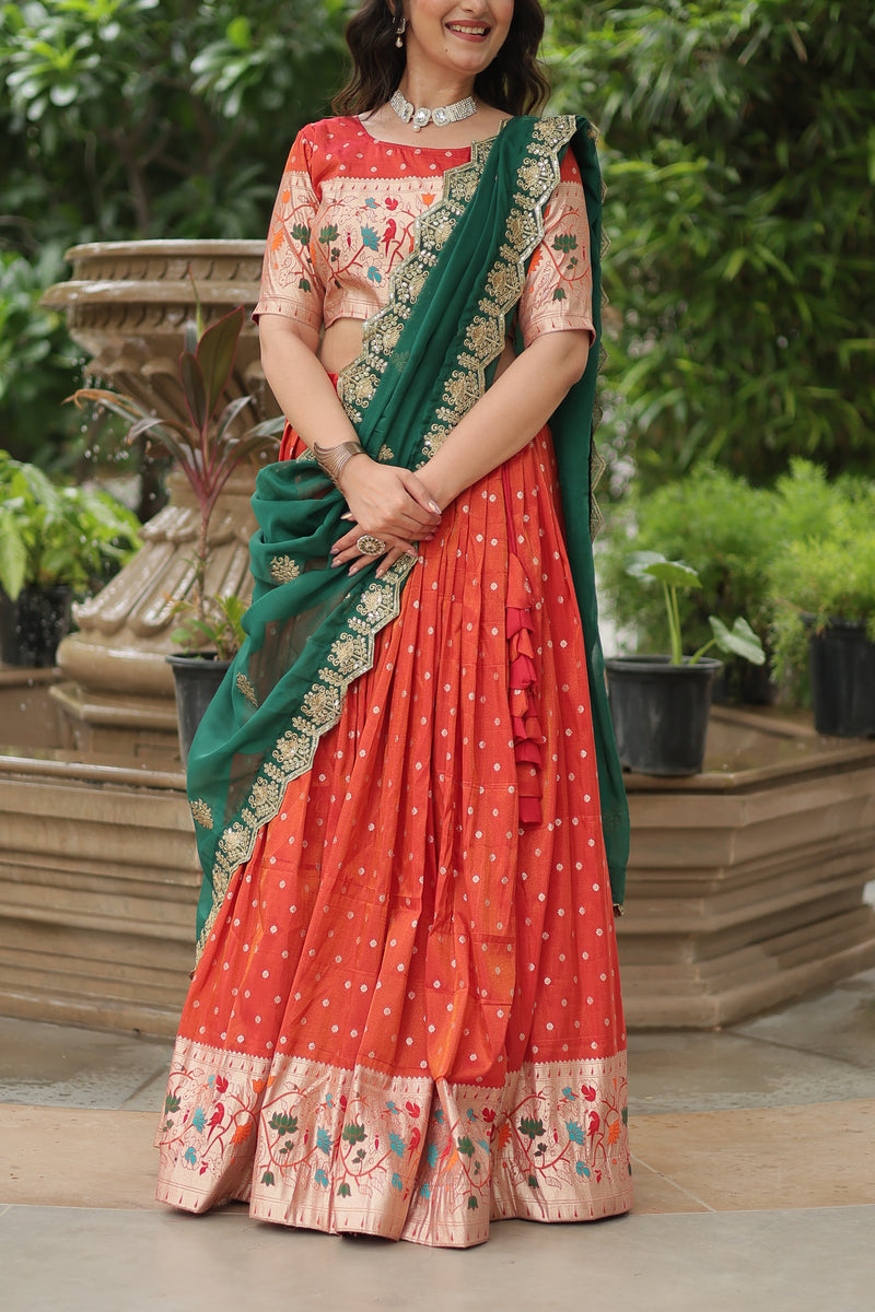 Premium Orange Cosmos Jacquard Lehenga Choli with Russian Silk Dupatta – Elegance Redefined