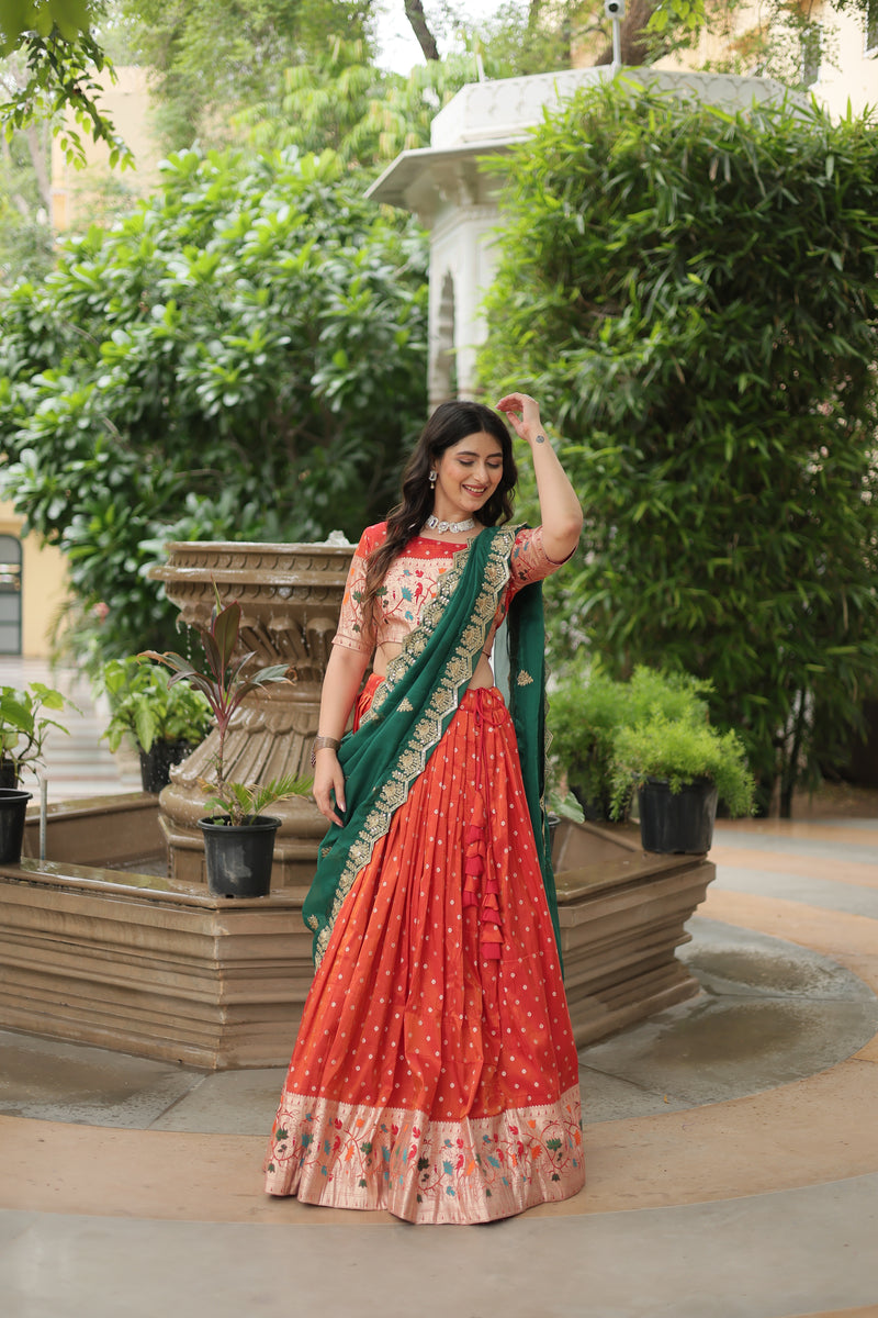 Premium Orange Cosmos Jacquard Lehenga Choli with Russian Silk Dupatta – Elegance Redefined