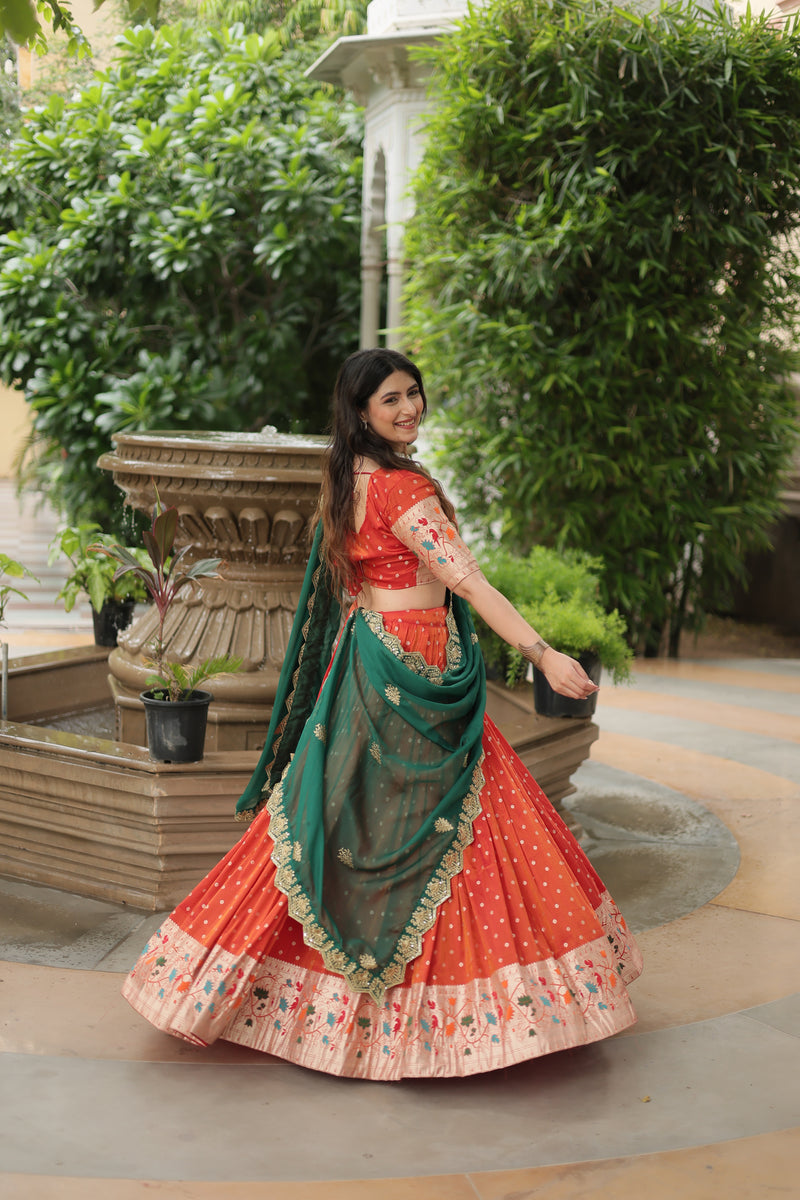 Premium Orange Cosmos Jacquard Lehenga Choli with Russian Silk Dupatta – Elegance Redefined