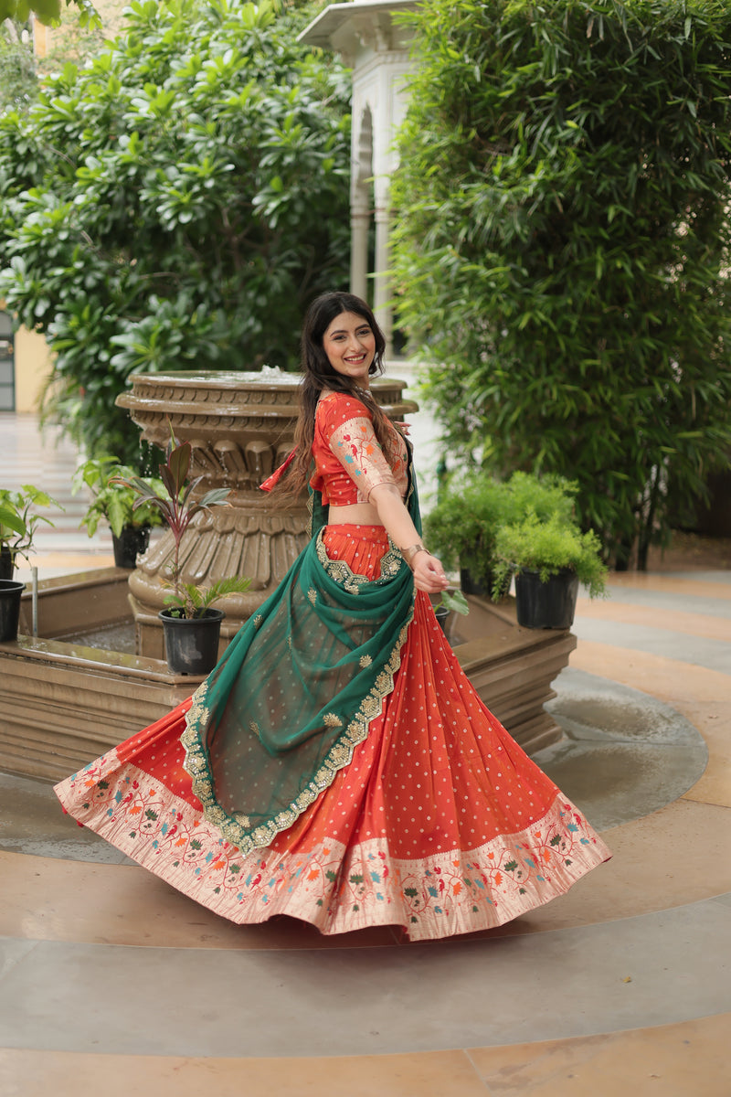 Premium Orange Cosmos Jacquard Lehenga Choli with Russian Silk Dupatta – Elegance Redefined