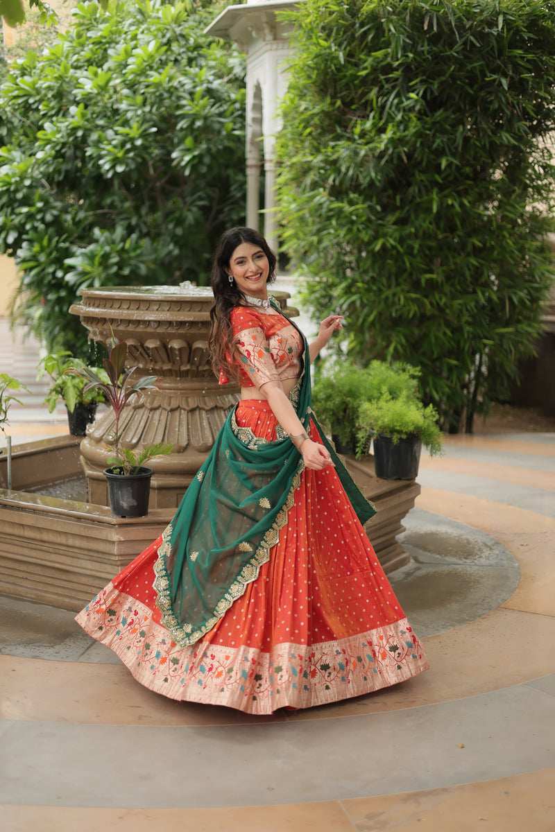 Premium Orange Cosmos Jacquard Lehenga Choli with Russian Silk Dupatta – Elegance Redefined