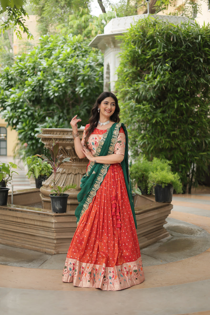 Premium Orange Cosmos Jacquard Lehenga Choli with Russian Silk Dupatta – Elegance Redefined