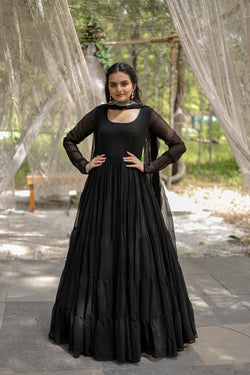 Premium Black Faux Georgette Gown with Sequins Embroidered Dupatta – Fully Flared