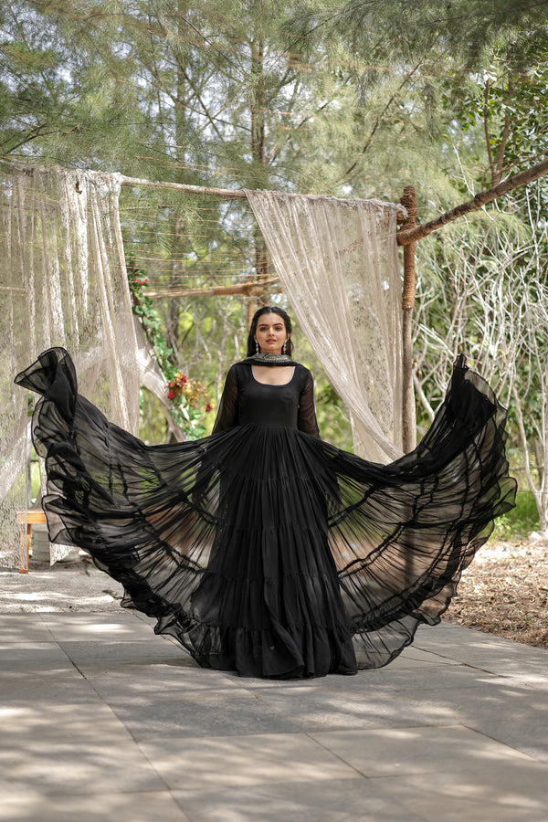 Premium Black Faux Georgette Gown with Sequins Embroidered Dupatta – Fully Flared