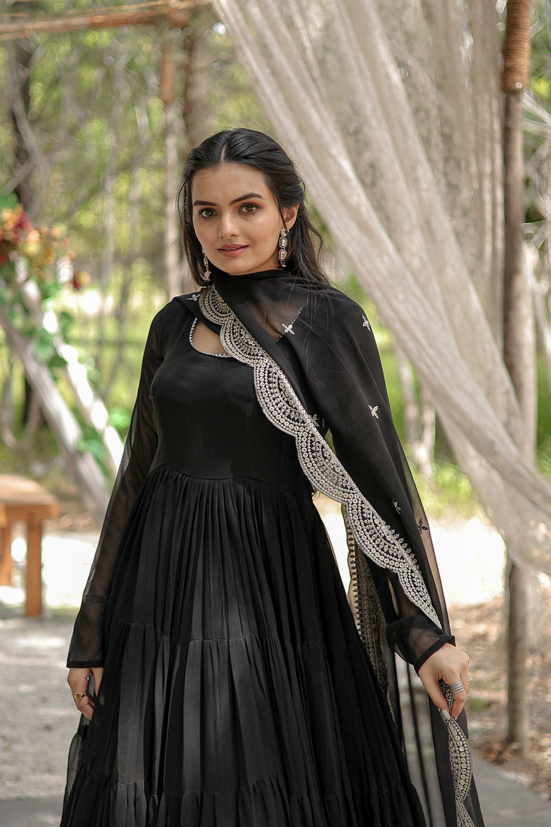 Premium Black Faux Georgette Gown with Sequins Embroidered Dupatta – Fully Flared