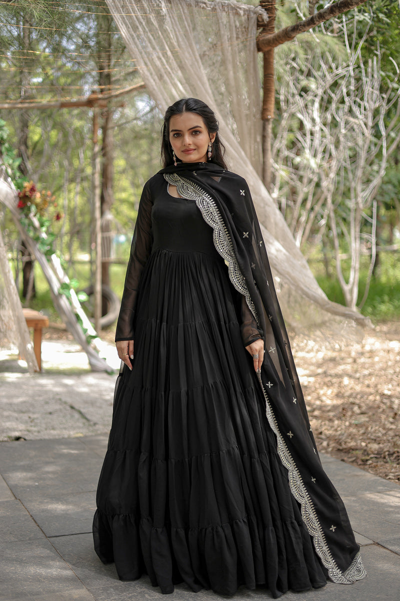 Premium Black Faux Georgette Gown with Sequins Embroidered Dupatta – Fully Flared