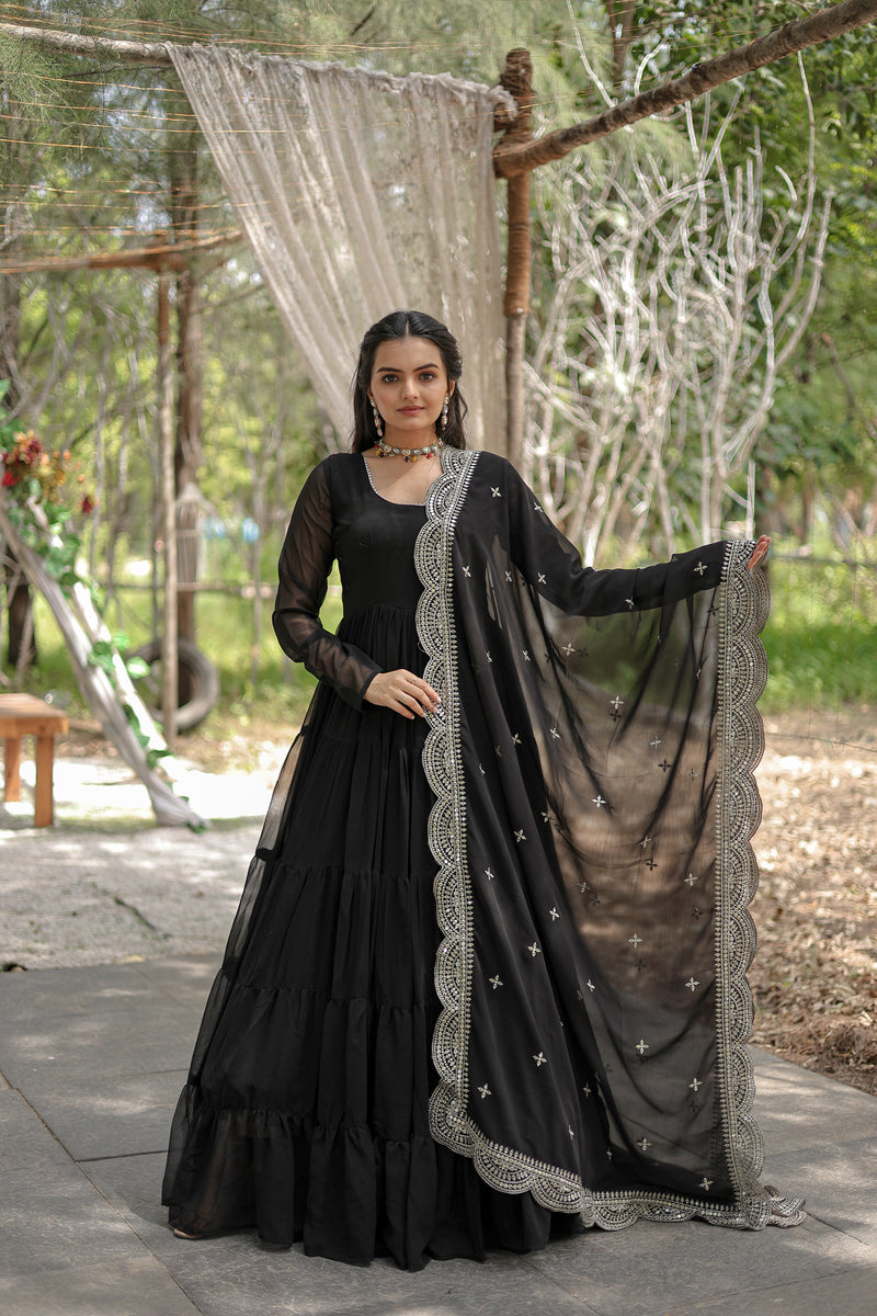 Premium Black Faux Georgette Gown with Sequins Embroidered Dupatta – Fully Flared