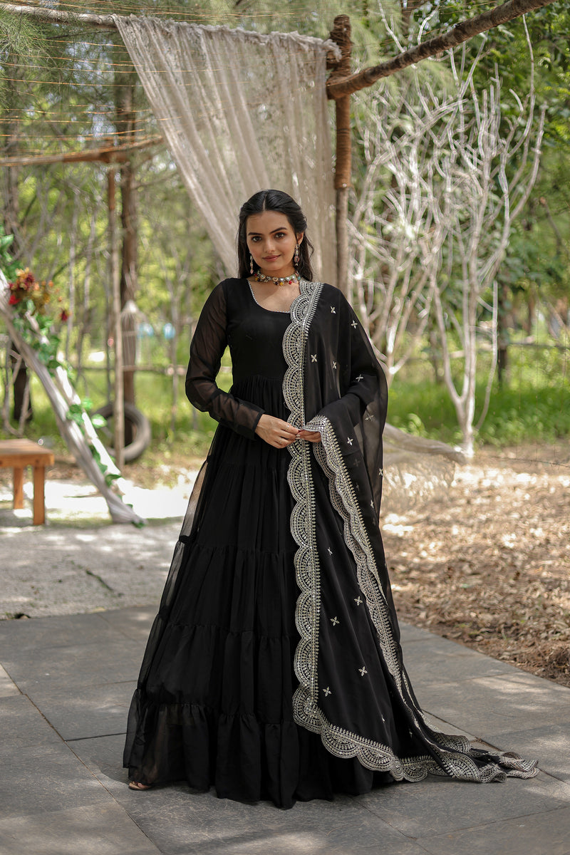 Premium Black Faux Georgette Gown with Sequins Embroidered Dupatta – Fully Flared