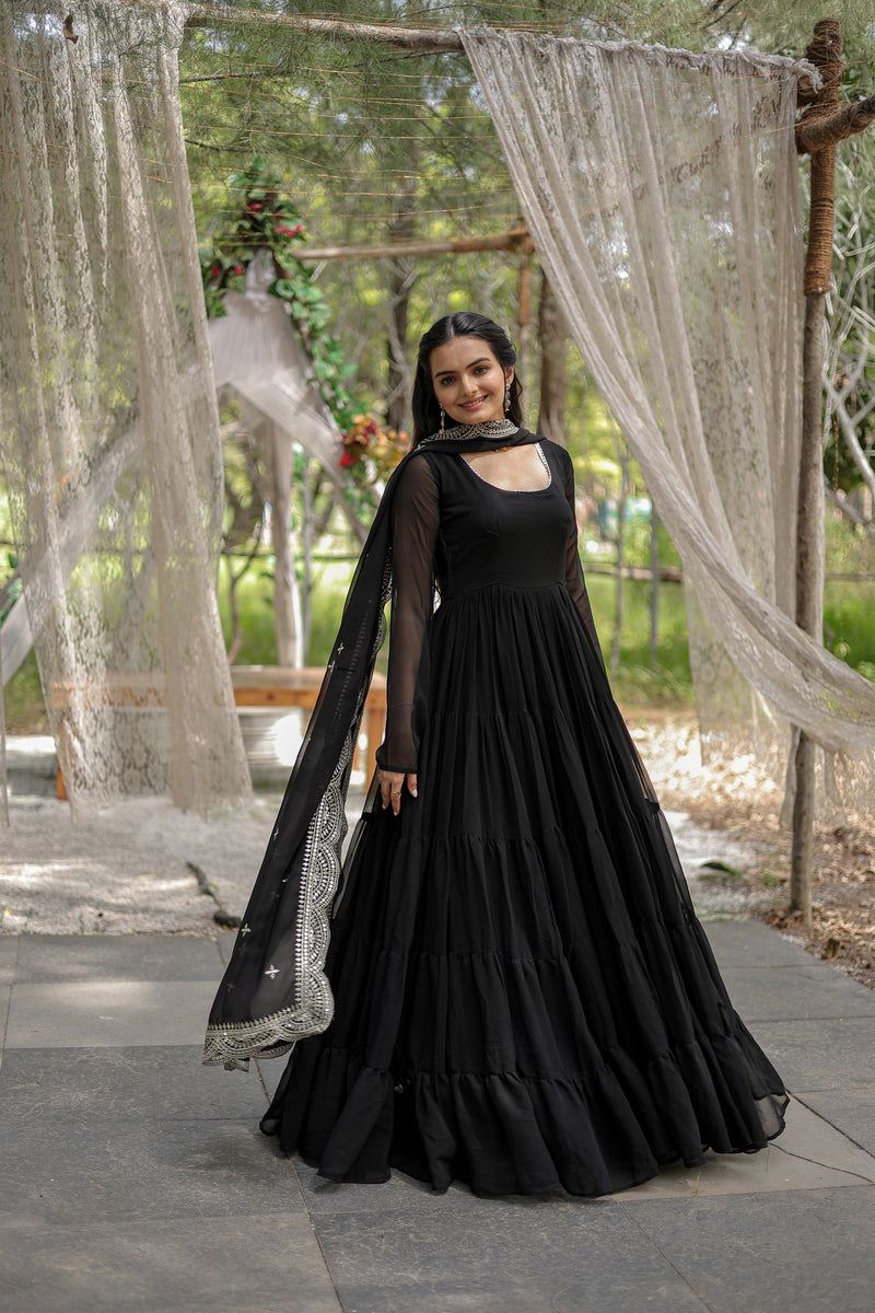 Premium Black Faux Georgette Gown with Sequins Embroidered Dupatta – Fully Flared