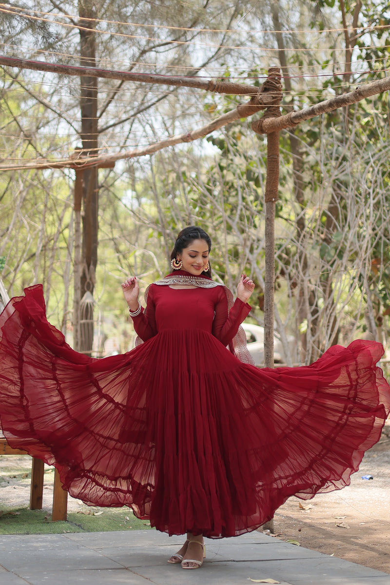 Premium Maroon Faux Georgette Gown with Sequins Embroidered Dupatta – Fully Flared