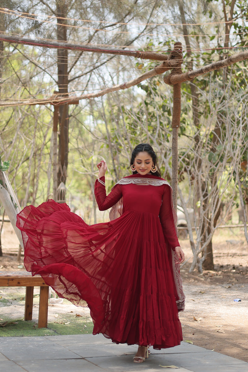 Premium Maroon Faux Georgette Gown with Sequins Embroidered Dupatta – Fully Flared