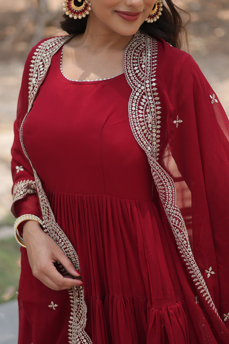 Premium Maroon Faux Georgette Gown with Sequins Embroidered Dupatta – Fully Flared