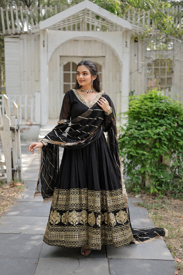 Premium Black Faux Blooming Gown with Sequins Embroidered Dupatta – V-Neck Elegance