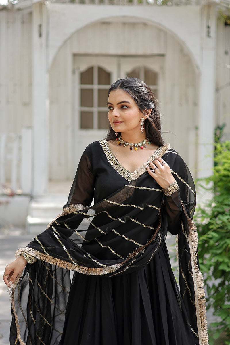 Premium Black Faux Blooming Gown with Sequins Embroidered Dupatta – V-Neck Elegance