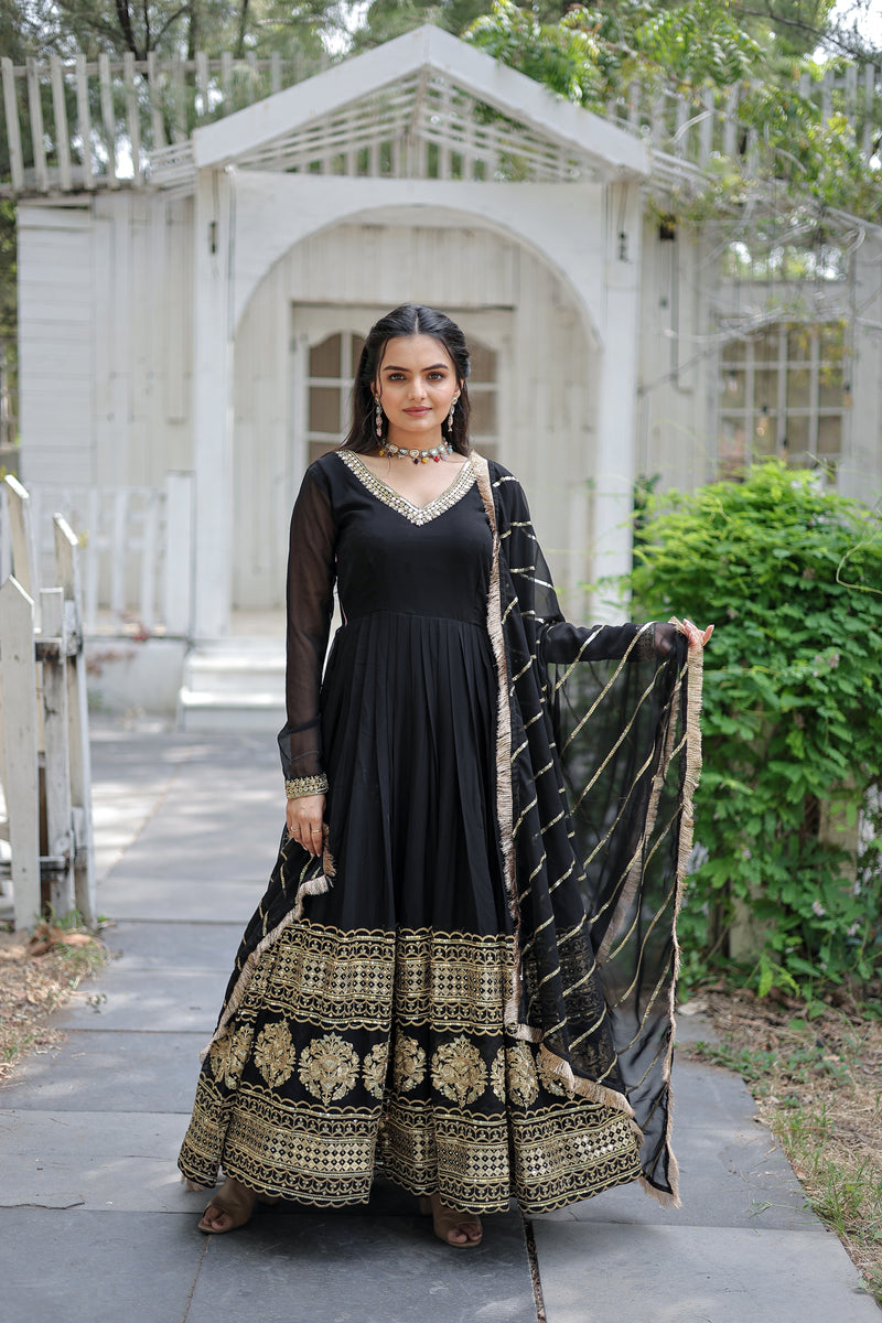 Premium Black Faux Blooming Gown with Sequins Embroidered Dupatta – V-Neck Elegance