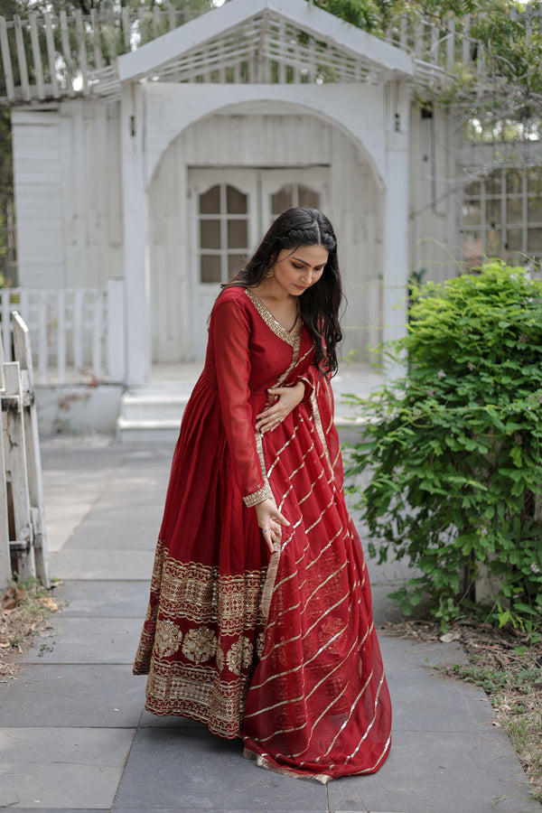 Premium Maroon Faux Blooming Gown with Sequins Embroidered Dupatta – V-Neck Elegance