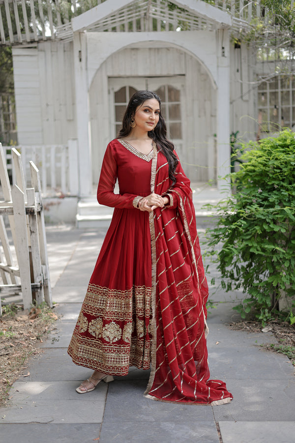 Premium Maroon Faux Blooming Gown with Sequins Embroidered Dupatta – V-Neck Elegance