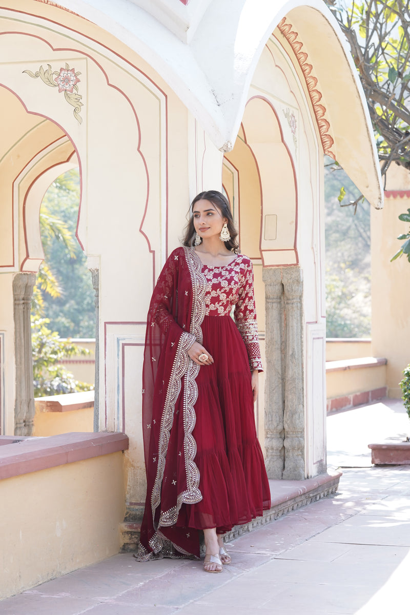 Premium Maroon Faux Blooming Gown with Sequins Embroidered Dupatta – Frilled Elegance