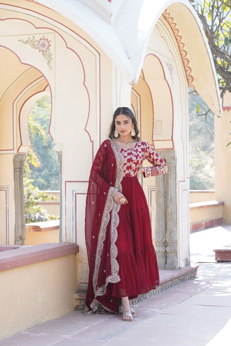 Premium Maroon Faux Blooming Gown with Sequins Embroidered Dupatta – Frilled Elegance