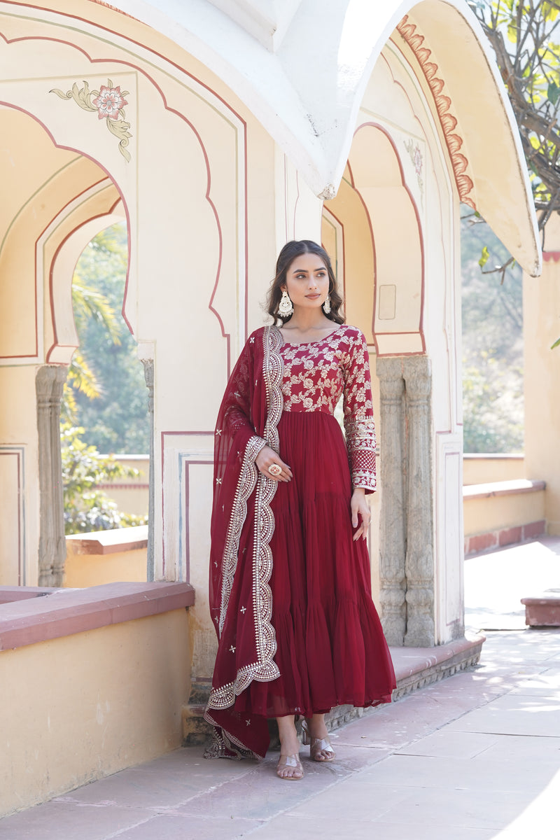 Premium Maroon Faux Blooming Gown with Sequins Embroidered Dupatta – Frilled Elegance