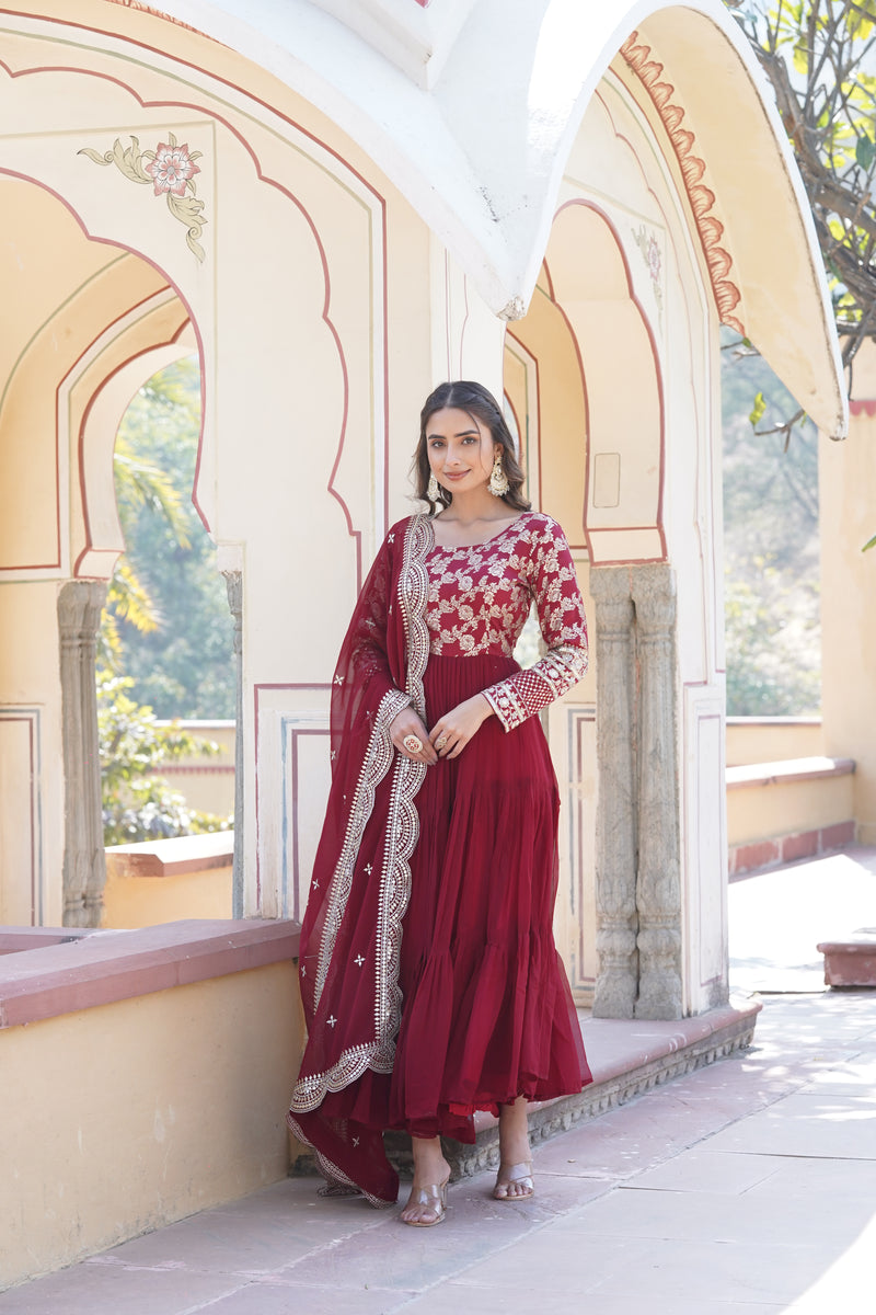 Premium Maroon Faux Blooming Gown with Sequins Embroidered Dupatta – Frilled Elegance