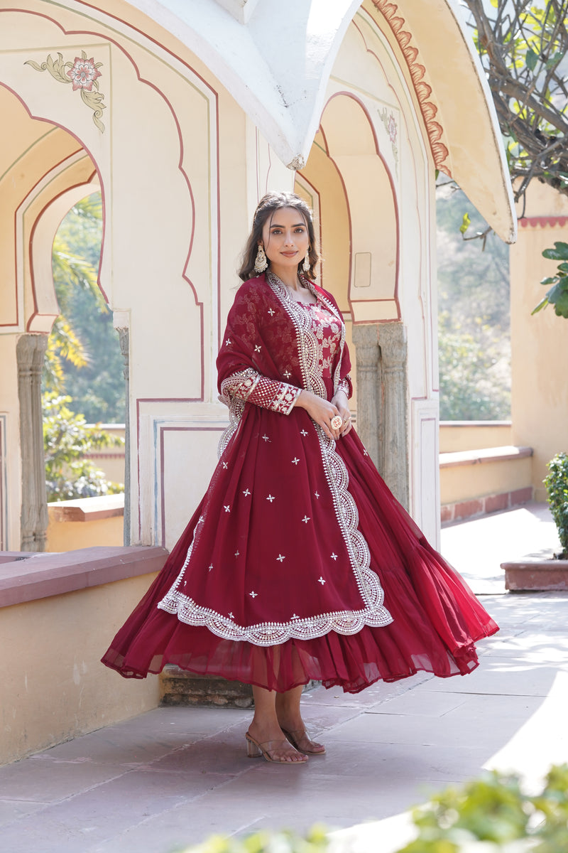 Premium Maroon Faux Blooming Gown with Sequins Embroidered Dupatta – Frilled Elegance