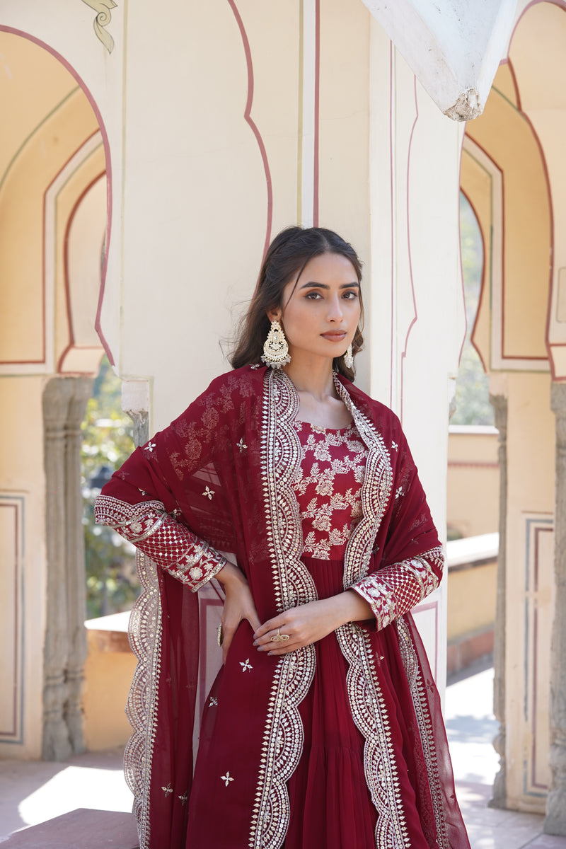 Premium Maroon Faux Blooming Gown with Sequins Embroidered Dupatta – Frilled Elegance