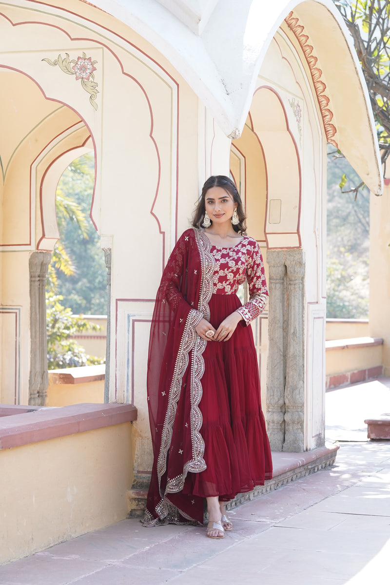 Premium Maroon Faux Blooming Gown with Sequins Embroidered Dupatta – Frilled Elegance