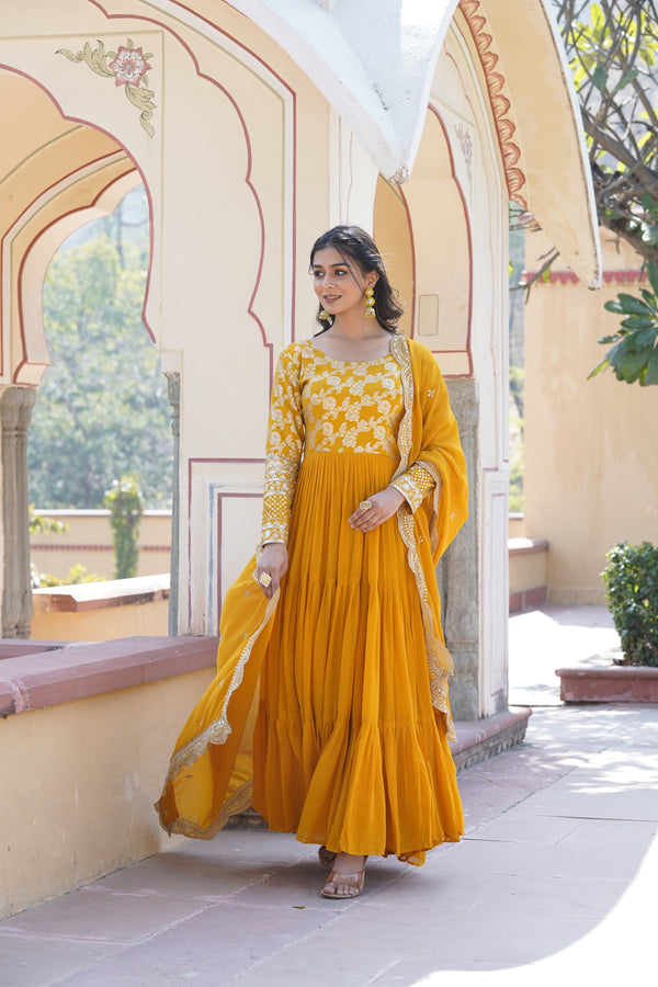 Premium Yellow Faux Blooming Gown with Sequins Embroidered Dupatta – Frilled Elegance