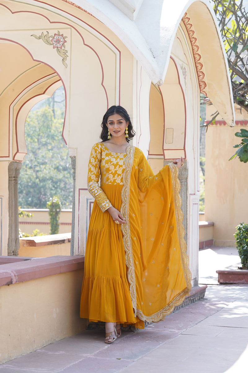 Premium Yellow Faux Blooming Gown with Sequins Embroidered Dupatta – Frilled Elegance