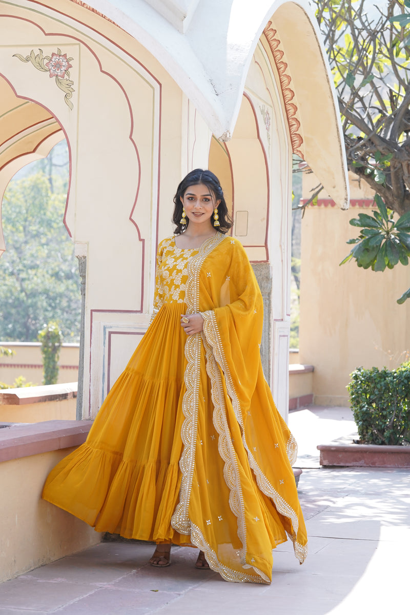 Premium Yellow Faux Blooming Gown with Sequins Embroidered Dupatta – Frilled Elegance