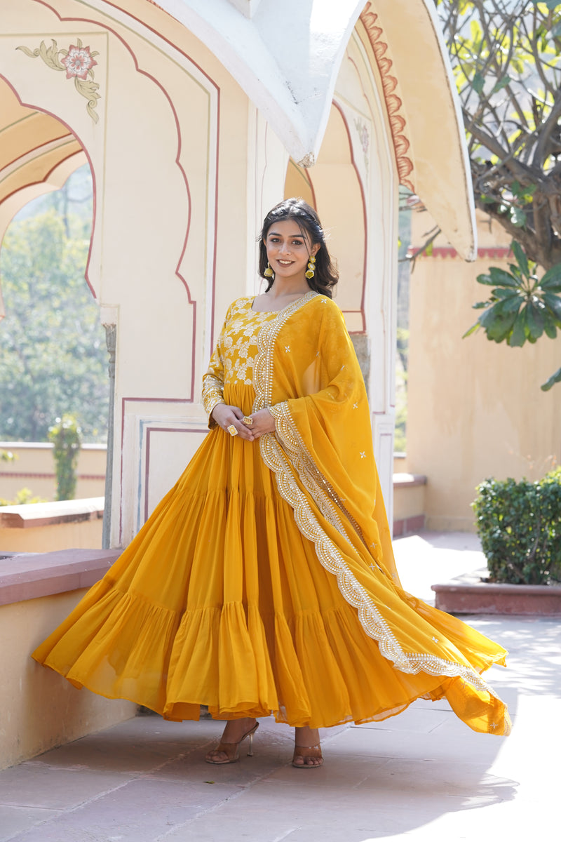 Premium Yellow Faux Blooming Gown with Sequins Embroidered Dupatta – Frilled Elegance