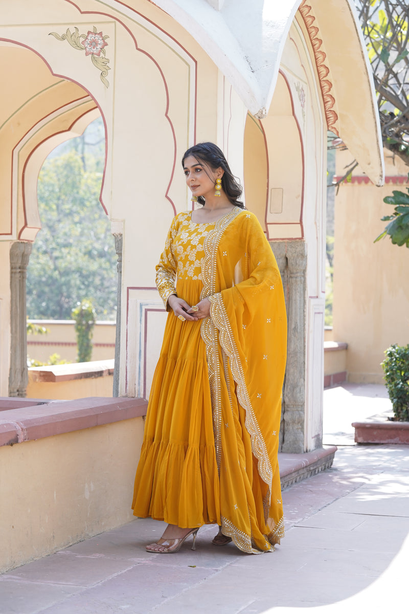 Premium Yellow Faux Blooming Gown with Sequins Embroidered Dupatta – Frilled Elegance