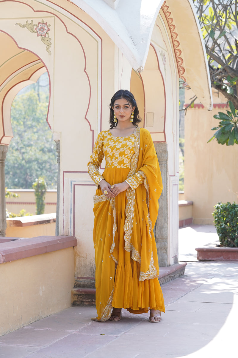 Premium Yellow Faux Blooming Gown with Sequins Embroidered Dupatta – Frilled Elegance