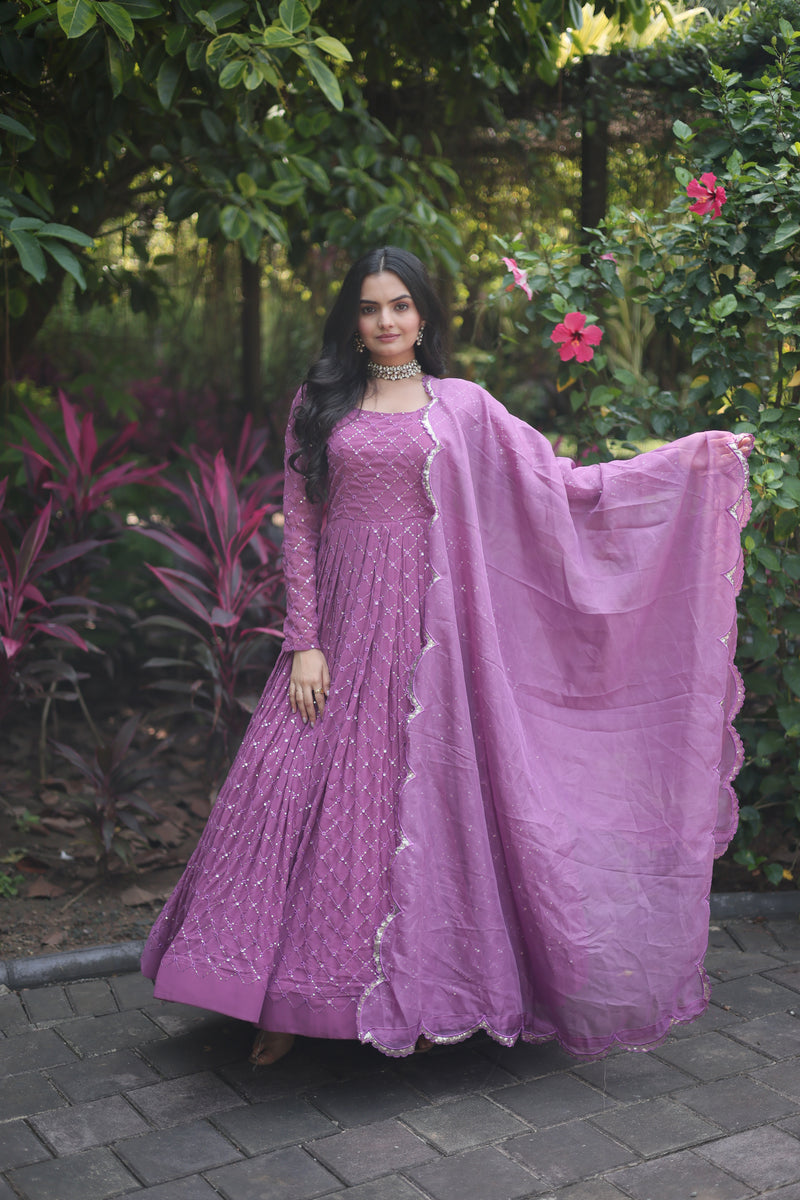 Faux Georgette Onion Gown with Sequins-Multi & Thread Embroidered Work – Elegant Full-Sleeve Flair