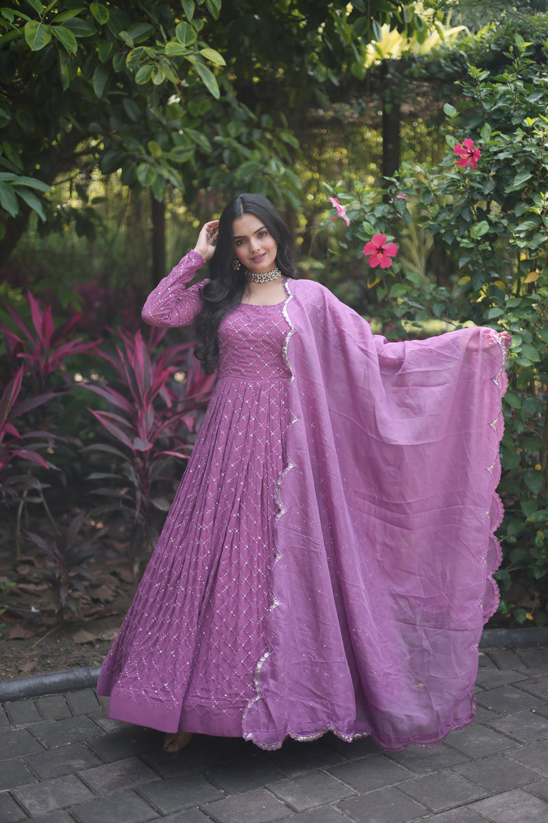 Faux Georgette Onion Gown with Sequins-Multi & Thread Embroidered Work – Elegant Full-Sleeve Flair