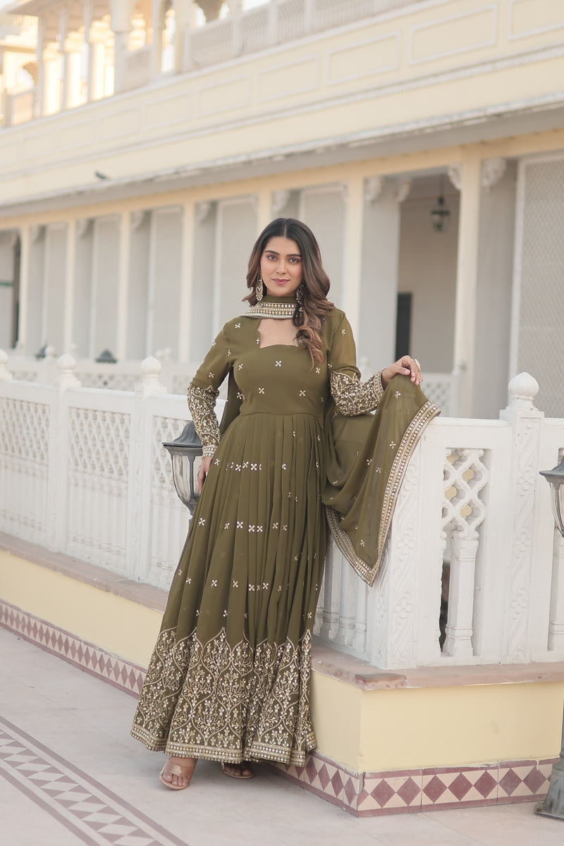 Premium Faux Georgette Gown with Sequins Embroidered Work & Dupatta – Mehendi