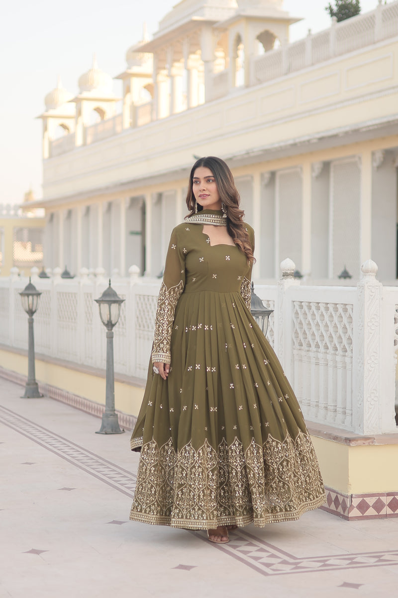 Premium Faux Georgette Gown with Sequins Embroidered Work & Dupatta – Mehendi