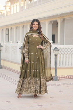 Premium Faux Georgette Gown with Sequins Embroidered Work & Dupatta – Mehendi