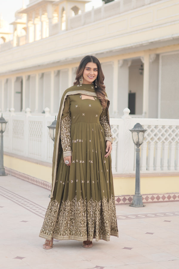 Premium Faux Georgette Gown with Sequins Embroidered Work & Dupatta – Mehendi