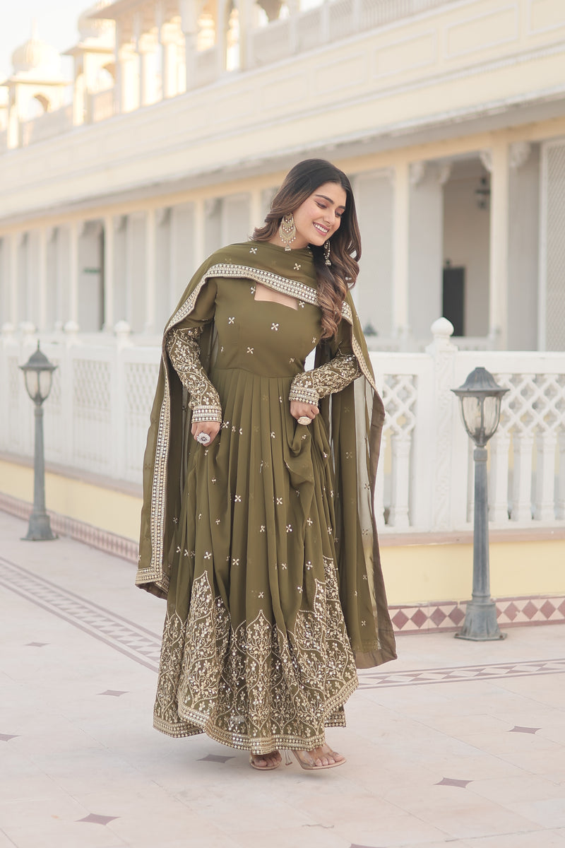 Premium Faux Georgette Gown with Sequins Embroidered Work & Dupatta – Mehendi