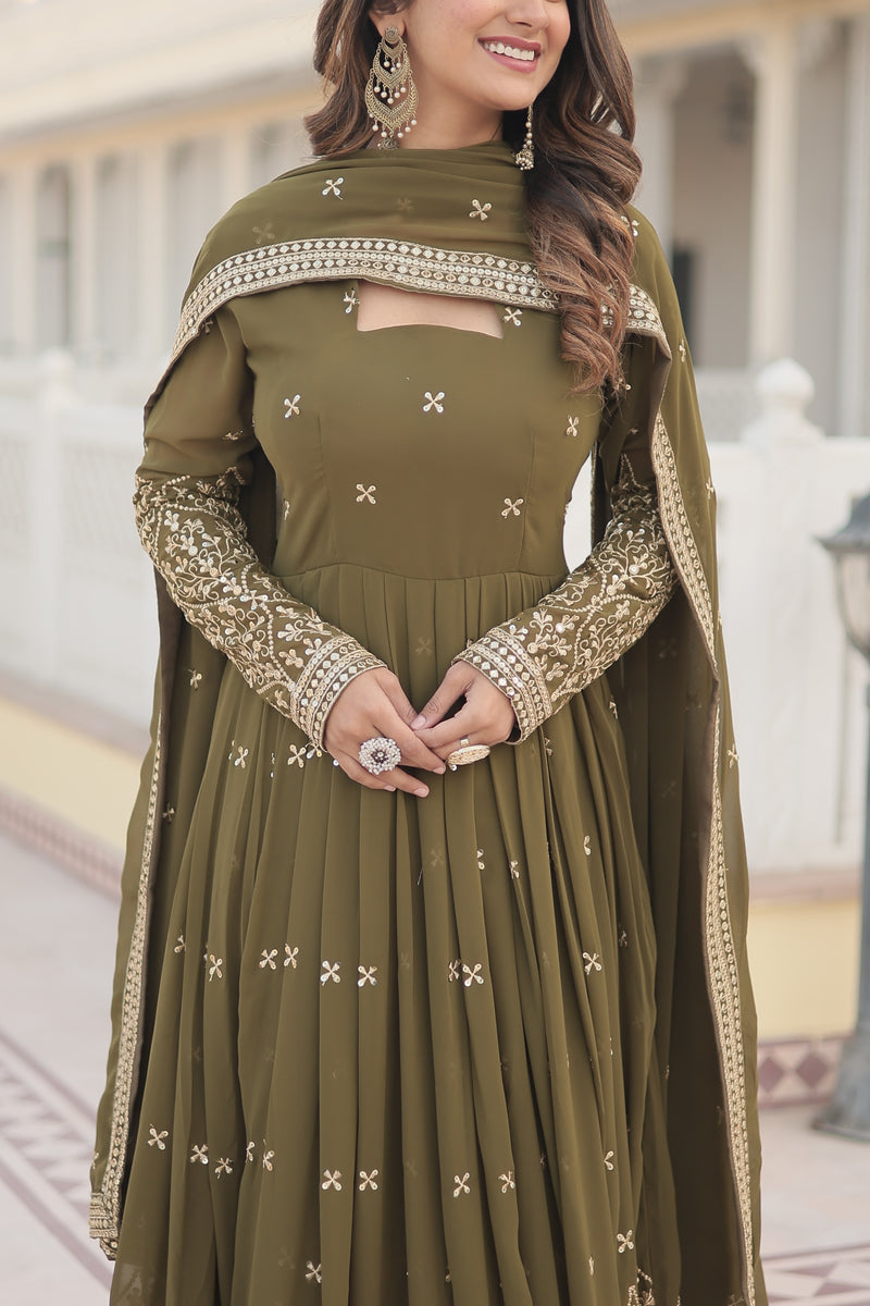 Premium Faux Georgette Gown with Sequins Embroidered Work & Dupatta – Mehendi