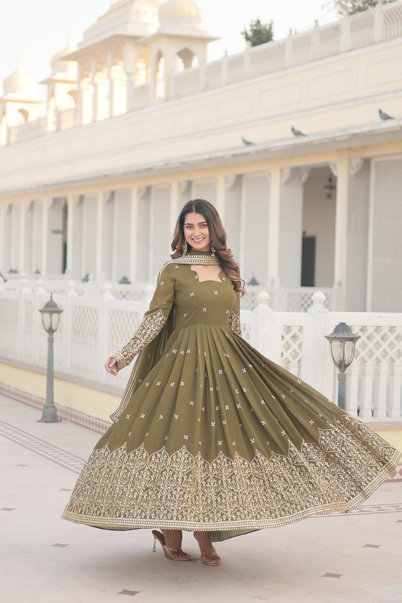 Premium Faux Georgette Gown with Sequins Embroidered Work & Dupatta – Mehendi