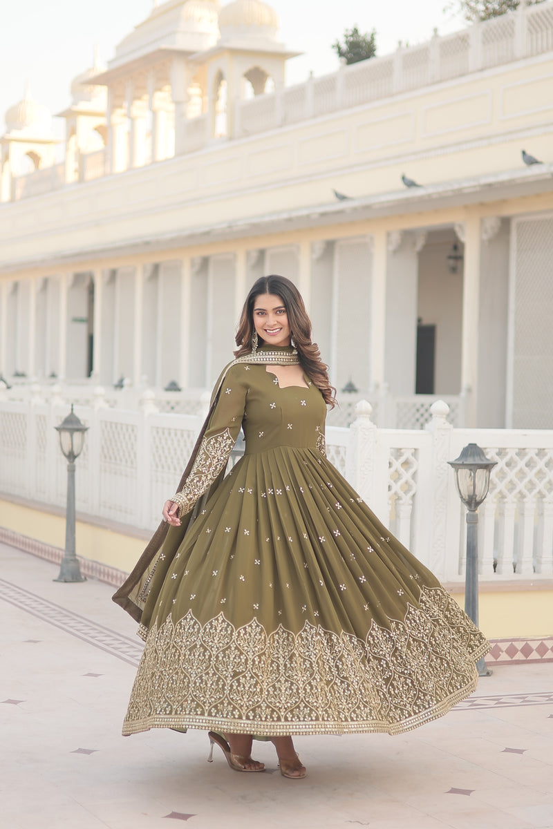 Premium Faux Georgette Gown with Sequins Embroidered Work & Dupatta – Mehendi