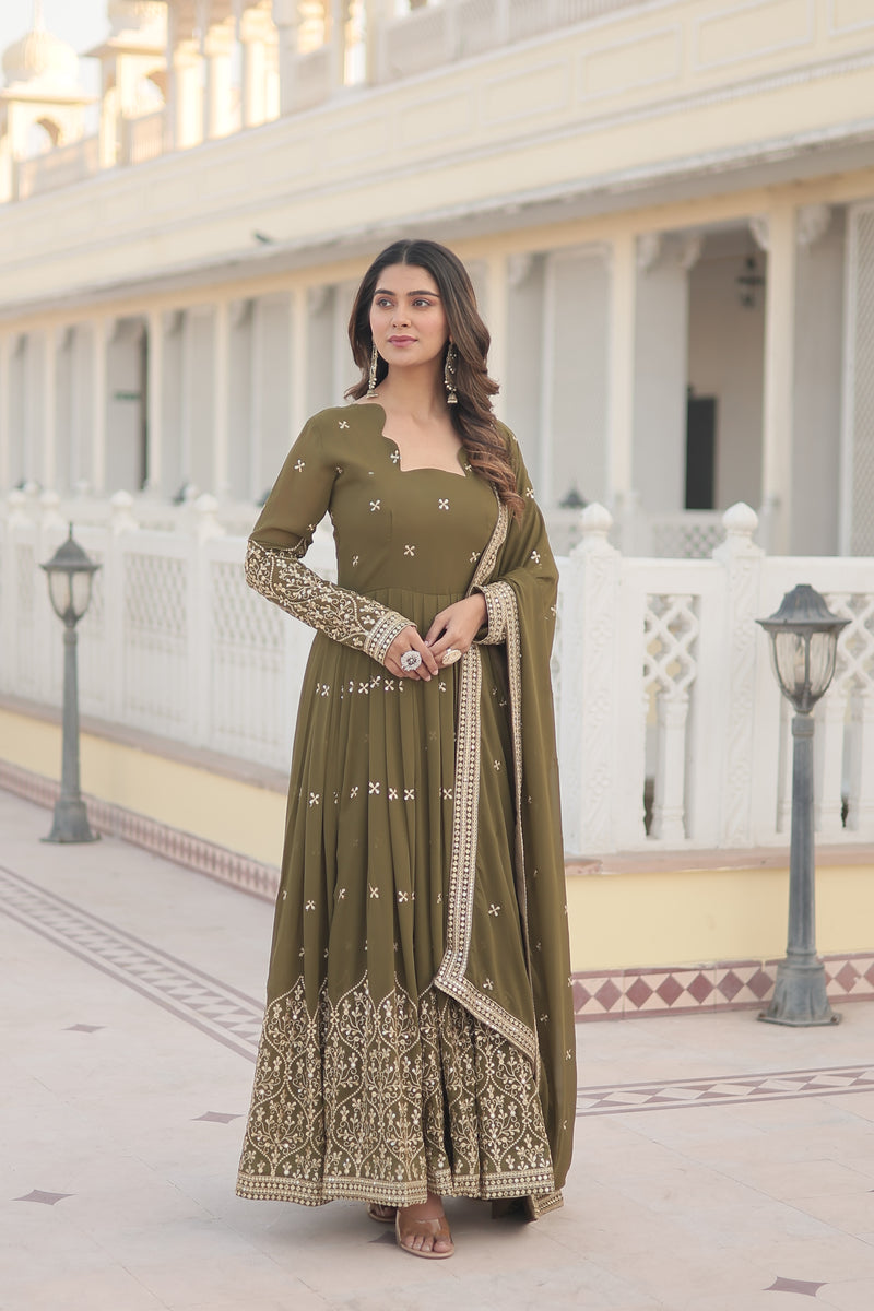 Premium Faux Georgette Gown with Sequins Embroidered Work & Dupatta – Mehendi