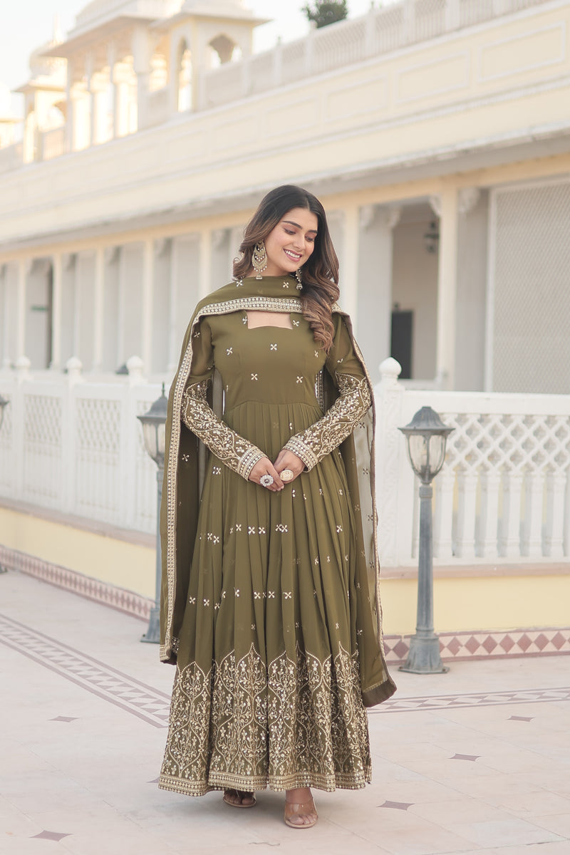 Premium Faux Georgette Gown with Sequins Embroidered Work & Dupatta – Mehendi