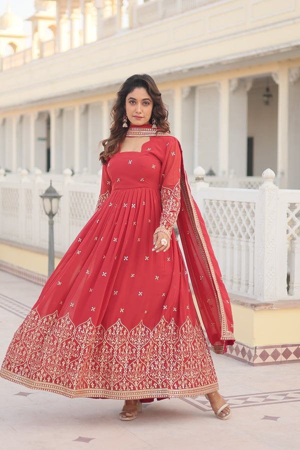 Premium Faux Georgette Gown with Sequins Embroidered Work & Dupatta – Red