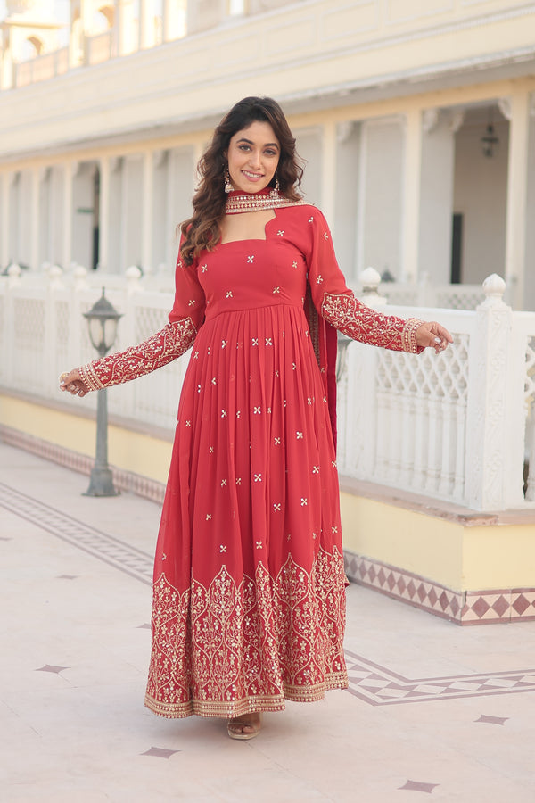 Premium Faux Georgette Gown with Sequins Embroidered Work & Dupatta – Red