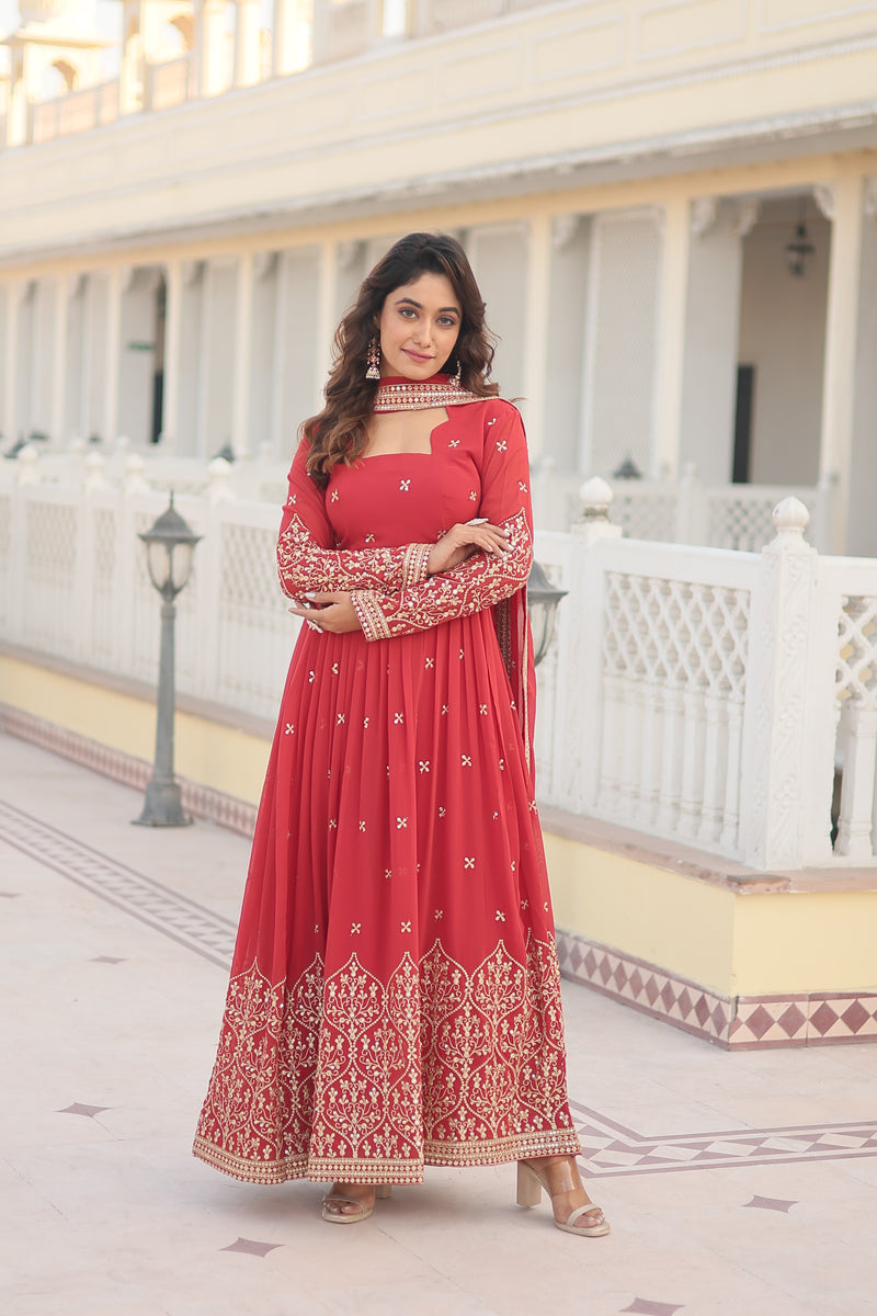 Premium Faux Georgette Gown with Sequins Embroidered Work & Dupatta – Red