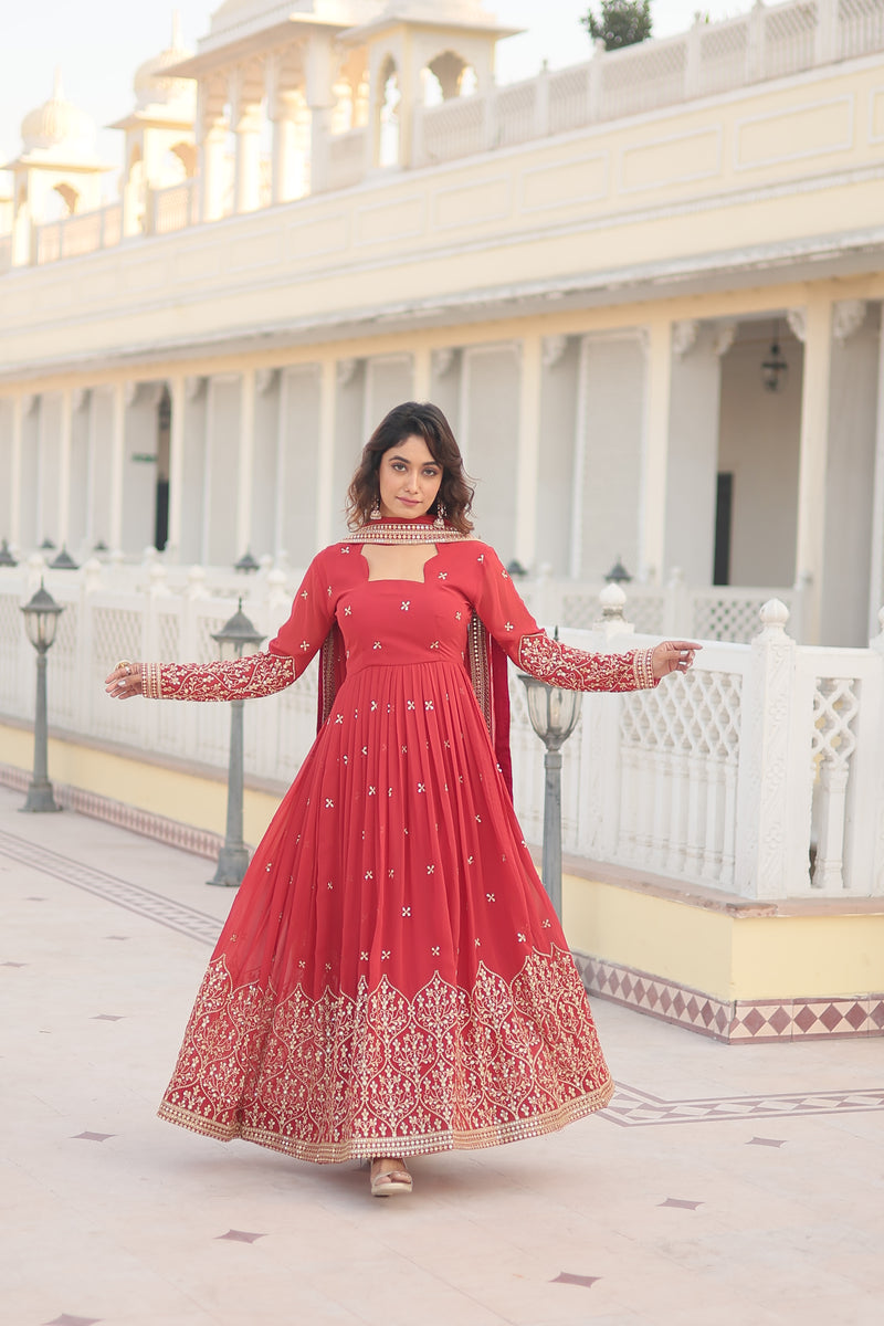 Premium Faux Georgette Gown with Sequins Embroidered Work & Dupatta – Red